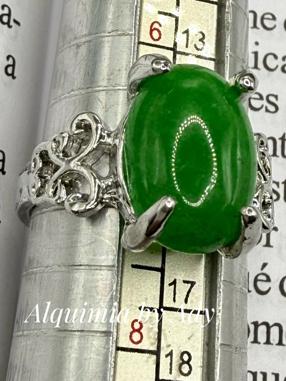 Silver and green jade cocktail ring